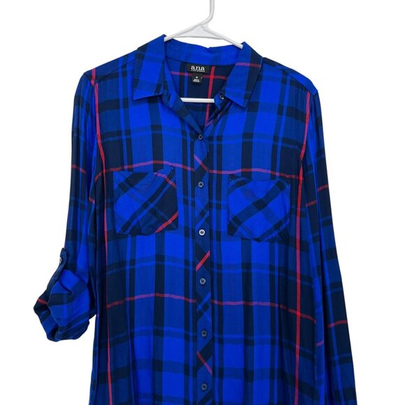 A.N.A Womens Button-Up Plaid Shirt Size M Blue & Red 100% Rayon - Picture 2 of 12